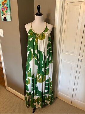 FARM Rio White Maxi Dress with Green Leaf Print